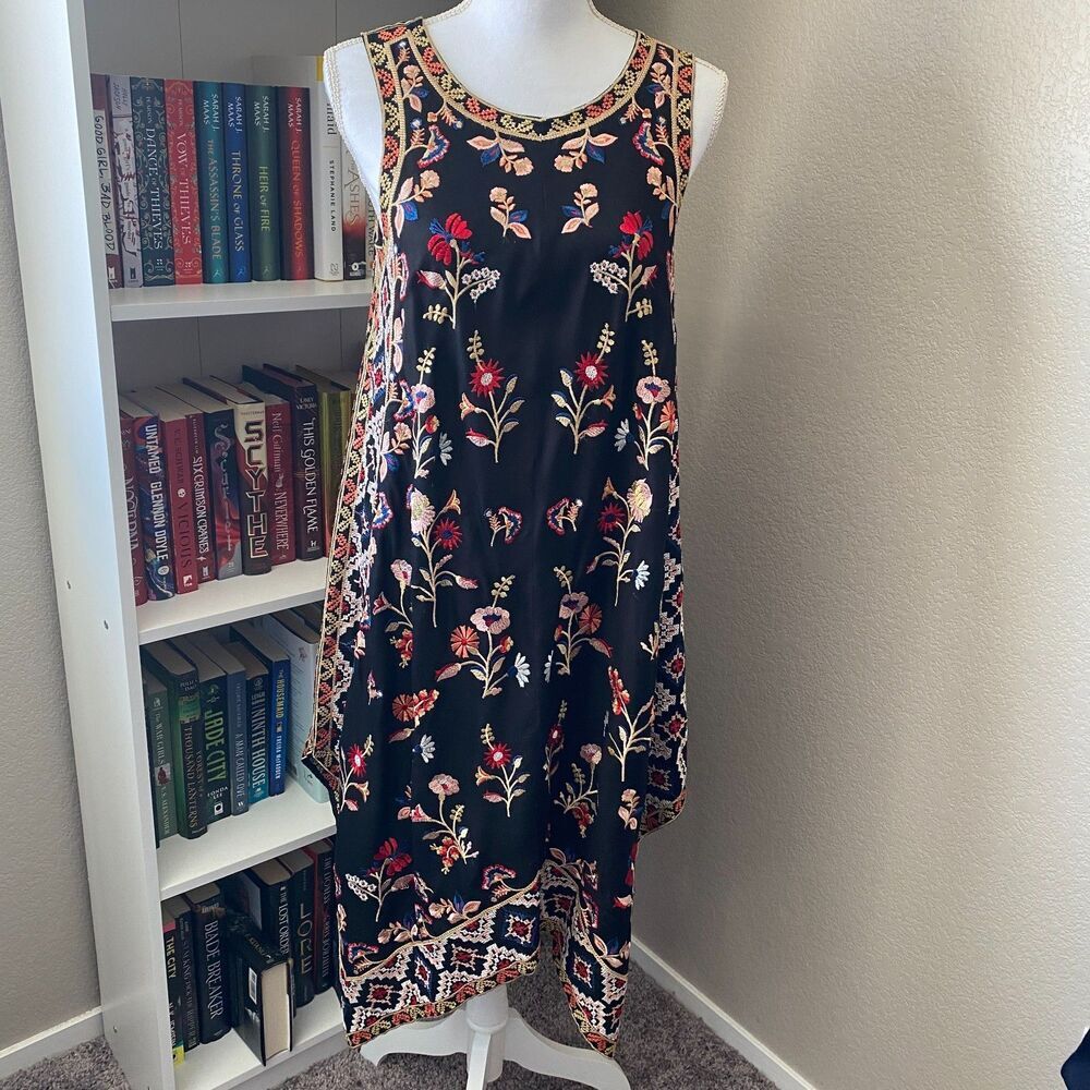 TOLANI Akeeva Black Embroidered Floral Handkerchief Slip On Midi Dress Size PXXS - Picture 2 of 12